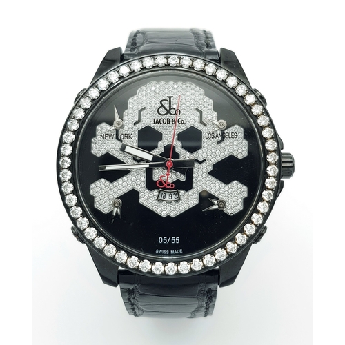 101 - A Jacob and Co. Five Time, Skull Limited Edition Quartz Gents Watch. Black leather strap with black ... 