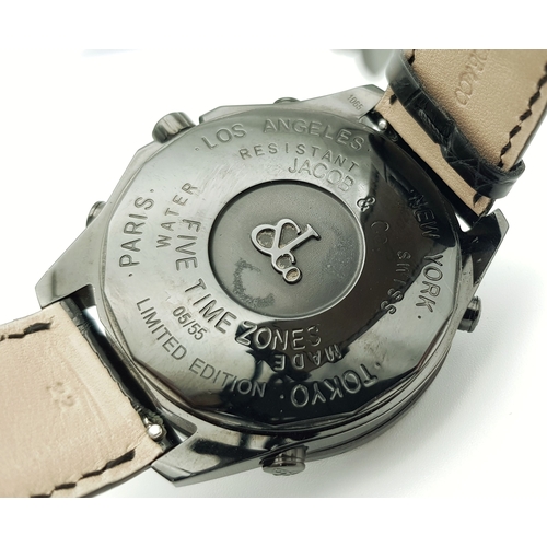 101 - A Jacob and Co. Five Time, Skull Limited Edition Quartz Gents Watch. Black leather strap with black ... 