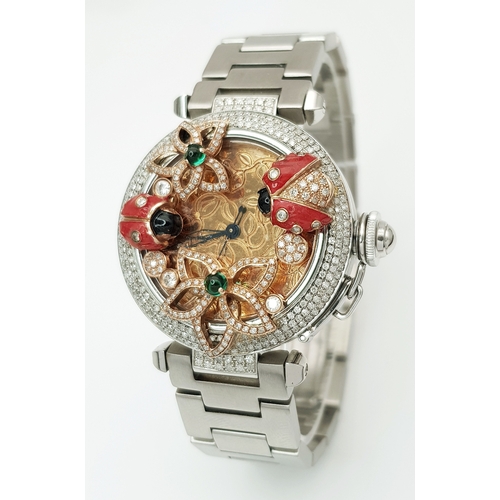 A Pasha de Cartier Ladybird Automatic Ladies Diamond Watch. Stainless steel bracelet and case - 36mm. Three row diamond set bezel. Custom gilded dial with ornate enamel ladybirds and Gemstone Floral Accents on Crystal. In good condition and working order. Note: Diamonds, dial, and ornate decorative pieces on crystal have all been custom fitted.