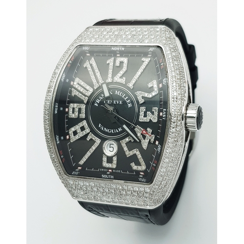A Franck Mueller Diamond Paved Vanguard Automatic Gents Watch. Model V45 SC DT. Black leather strap with fold-over clasp. Diamond encrusted stainless steel case - 44 x 53mm. Black dial with large diamond-set numerals and date window. Number 271. In good condition and working order. Note: All diamonds have been professionally custom fitted.