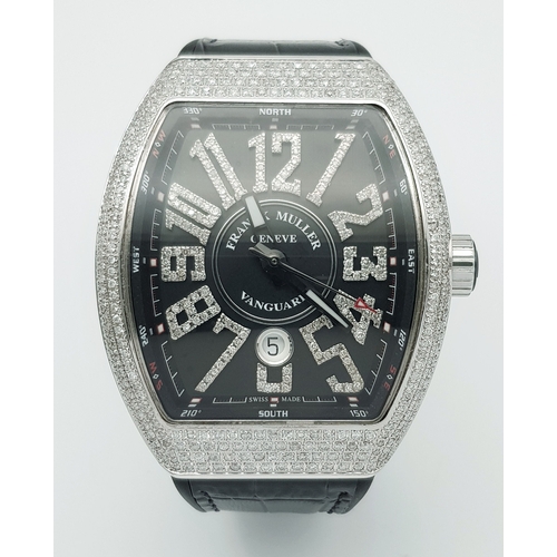 24 - A Franck Mueller Diamond Paved Vanguard Automatic Gents Watch. Model V45 SC DT. Black leather strap ... 