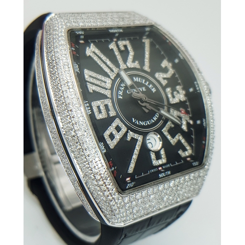 24 - A Franck Mueller Diamond Paved Vanguard Automatic Gents Watch. Model V45 SC DT. Black leather strap ... 