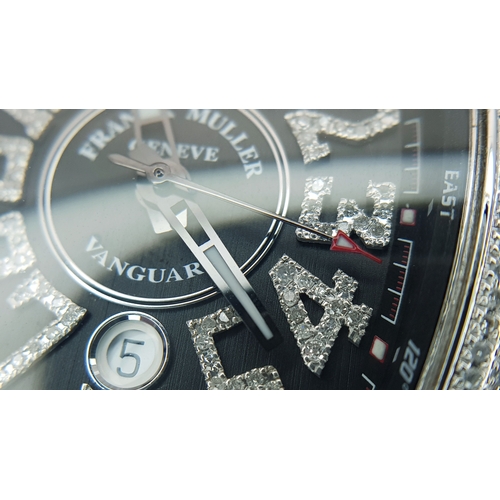 24 - A Franck Mueller Diamond Paved Vanguard Automatic Gents Watch. Model V45 SC DT. Black leather strap ... 