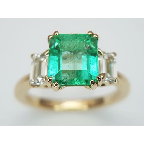 72 - An GIA Triple Certified 18K Yellow Gold, Colombian Emerald and Diamond Cocktail Ring. A 2.93ct natur... 