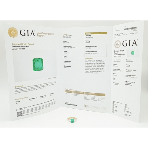 72 - An GIA Triple Certified 18K Yellow Gold, Colombian Emerald and Diamond Cocktail Ring. A 2.93ct natur... 
