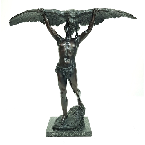 A WW2 Era Third Reich German Reinhard Heydrich, SS-Obergruppenfuhrer Bronze. Recognised as one of the most sinister figures of the Nazi regime. It depicts a figure holding a fallen eagle - mounted on marble. Markings on marble of: Reinhard Heydrich, SS Obergruppenfuhrer, 7. Marz 1904 - 4. Juni 1942, Prag. Bronze makers mark of Graefner Hof. 52cm tall. Marble base - 18 x 18cm. Weight circa 13 Kilos so winning bidder is advised to pick up from Cadmore HQ or arrange a courier.