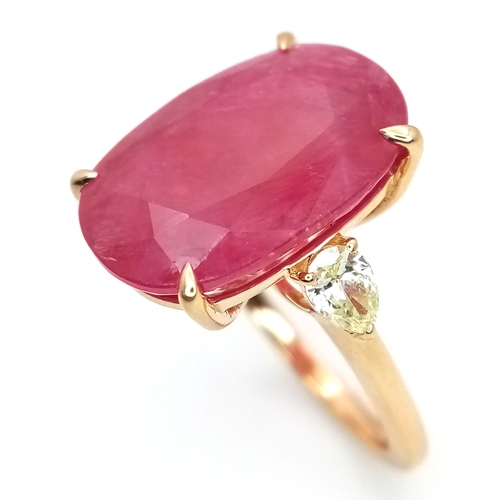 25 - An IGI Certified 18K Yellow Gold (tests as) Ruby and Diamond Cocktail Ring. A 14.29ct natural cushio... 