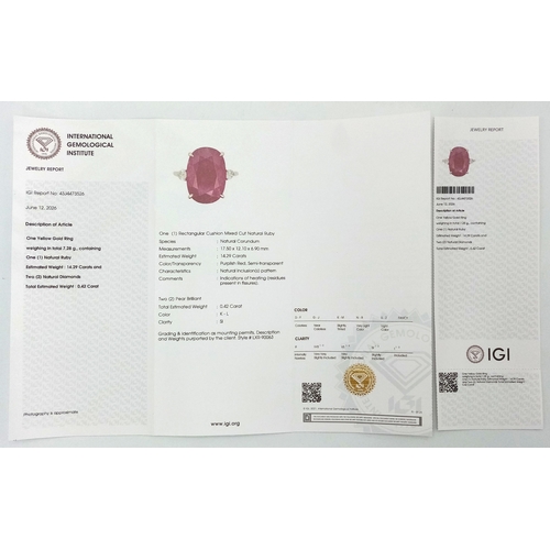 25 - An IGI Certified 18K Yellow Gold (tests as) Ruby and Diamond Cocktail Ring. A 14.29ct natural cushio... 