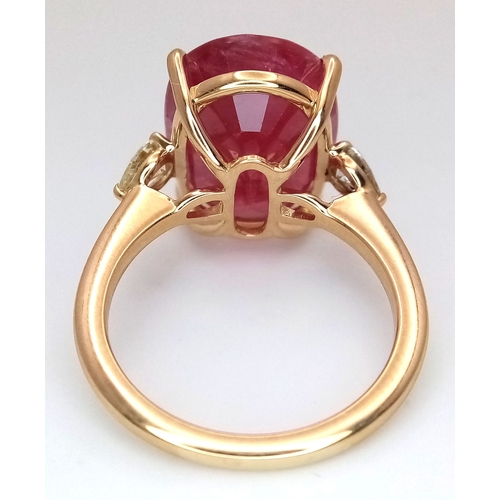 25 - An IGI Certified 18K Yellow Gold (tests as) Ruby and Diamond Cocktail Ring. A 14.29ct natural cushio... 