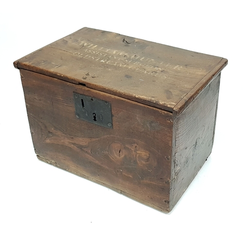A Battle of Waterloo Coldstream Guards Surgeons Dispatch Box - Belonging to the then Assistant Surgeon William Hunter. Descriptive label on inner lid. Worn, but hinges still work. 37cm length x 24cm depth x 26cm height.
