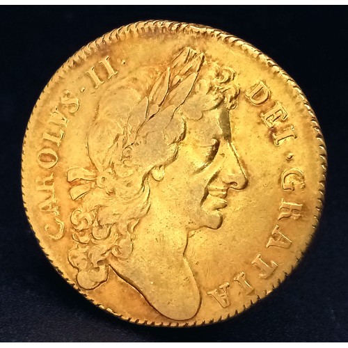 A Rare 1677 Charles II, Two Guinea 22K Gold Coin. EF grade with a wonderful second bust portrait. 16.65g.