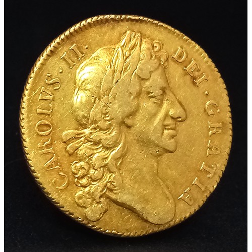 542 - A Rare 1677 Charles II, Two Guinea 22K Gold Coin. EF grade with a wonderful second bust portrait. 16... 