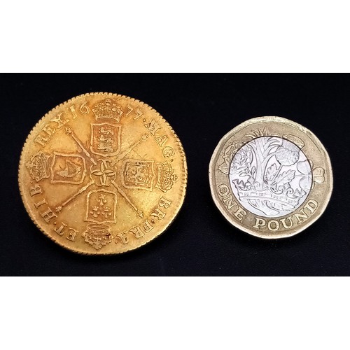 542 - A Rare 1677 Charles II, Two Guinea 22K Gold Coin. EF grade with a wonderful second bust portrait. 16... 