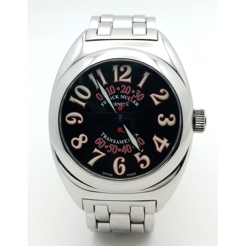 A Franck Muller Transamerica 2000 SR Automatic Gents Watch. Stainless steel bracelet and case - 40mm. Black guilloche dial with dual second arcs! Oversized numerals. Limited edition, No. 950. In working order.