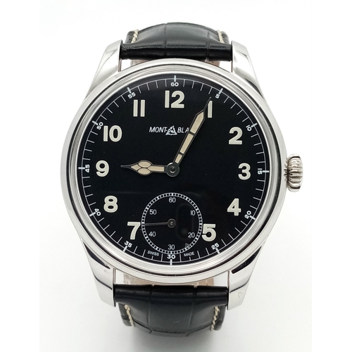 A Montblanc 1858 Collection Mechanical Hand-Wind Gents Watch. MB 2303. Black leather strap. Stainless steel case - 44mm. Black dial with second sub dial. Skeleton back. Limited edition, No 531 of 858. In good condition and working order.