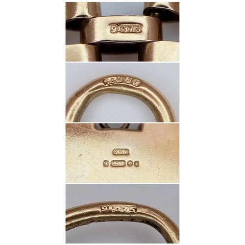 1 - A VINTAGE 6-BAR GATE BRACELET IN 9K GOLD WITH ORNATE PADLOCK CLASP. BROKEN SAFETY CHAIN. 27.3g  18cm
