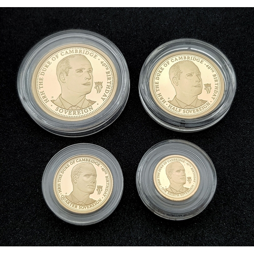 A HATTONS OF LONDON, 2022, PRINCE WILLIAM 40TH BIRTHDAY, GOLD SOVEREIGN PROOF COIN SET. FEATURING A FULL, HALF, QUARTER AND 1/8TH SOVEREIGN COIN. IN ORIGINAL PACKAGING WITH COA PAPERWORK. 10502/03/04/05