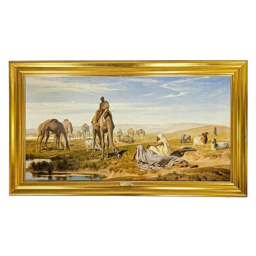 Frederick Goodall R.A. (British, 1822&ndash;1904), Arabs and Camels at a Watering Place. Signed with monogram and dated &ldquo;FG 1876&rdquo; lower right. Oil on canvas, 60 &times; 117 cm. Winning bidder must collect from Cadmore HQ or arrange a courier.