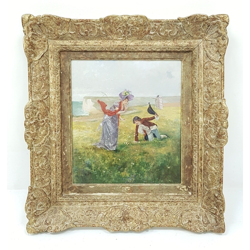 La Chase Aux Papillons (Butterfly Hunt) - Albert Emile Artigue (1850-1927). Oil on panel. In frame - 52 x 57cm.