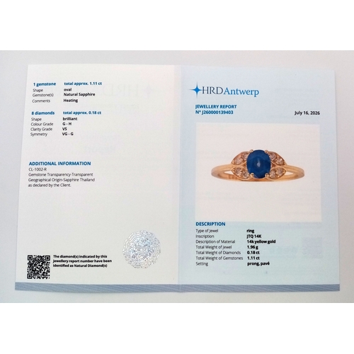 60 - A 14K Yellow Gold Natural Sapphire and Diamond Cocktail Ring. A 1.11ct oval cut sapphire with diamon... 