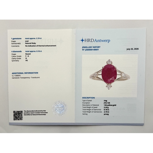 88 - A 14K Yellow Gold Natural Ruby and Diamond Cocktail Ring. A 2.19ct oval cut ruby with compass point ... 