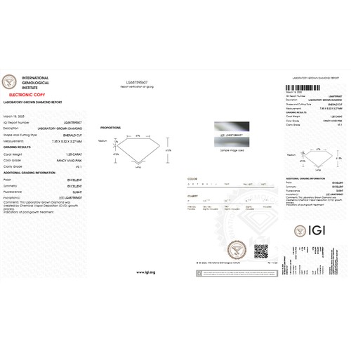 9 - A 1.25CT Emerald cut Lab-Grown Diamond. Color FANCY VIVID PINK, clarity VS1. IGI certified. Cert no:... 