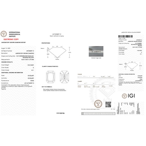 16 - A 1.52ct Radiant Cut Lab-Grown Diamond. Colour D, clarity VS1. IGI certified. Cert no: LG726545112. ... 