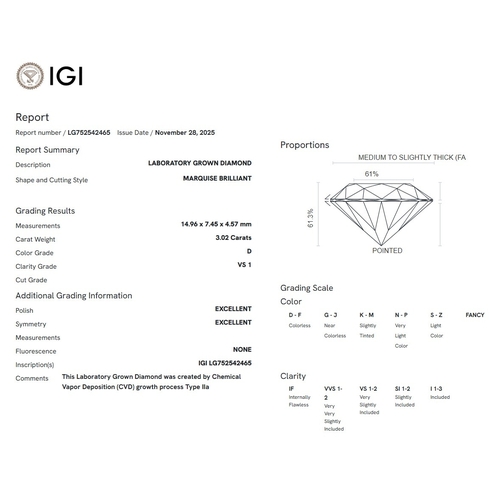 23 - A 3.02ct Marquise Cut Lab-Grown Diamond. Colour D, clarity VS1. IGI certified. Cert no: LG752542465.... 