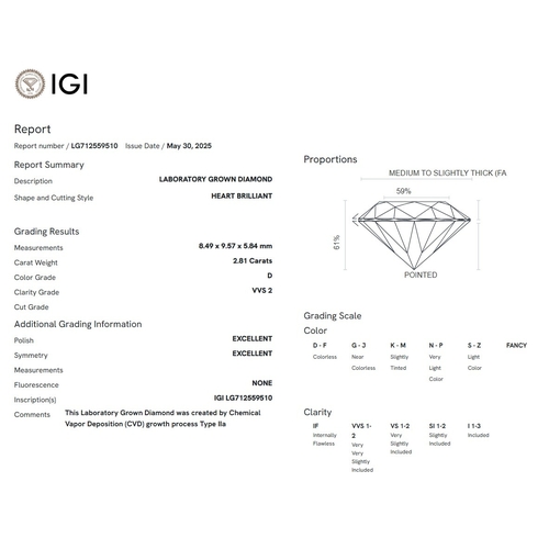 44 - A 2.81ct Heart Cut Lab-Grown Diamond. Colour D, clarity VVS2. IGI certified. Cert no: LG712559510. M... 