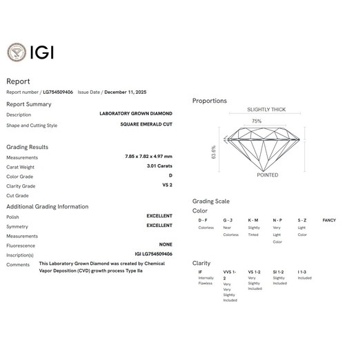 56 - A 3.01ct Asscher Cut Lab-Grown Diamond. Colour D, clarity VS2. IGI certified. Cert no: LG754509406. ... 