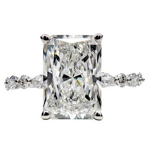 A PLATINUM RADIANT CUT LAB GROWN DIAMOND RING. CENTRAL STONE 4.01ct, SIDE STONES 0.41CTW. COLOR D, CLARITY VS2. IGI CERTIFIED. CERT NO- LG773636111. TOTAL DIAMOND WEIGHT: 4.42CTW. TOTAL WEIGHT 3.22gms. SIZE L. Ref U4537