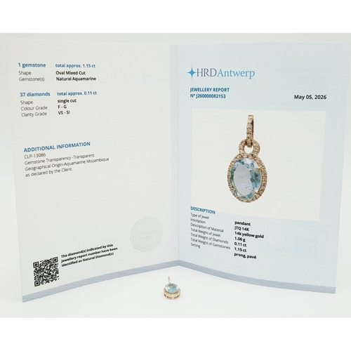 95 - A 14K Yellow Gold Natural Aquamarine and Diamond Pendant. A 1.15ct oval mixed cut natural aquamarine... 