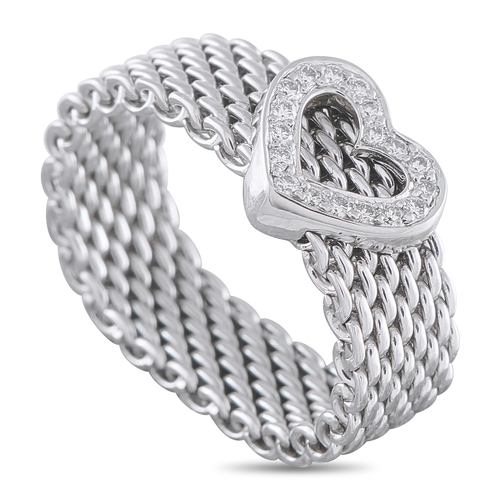 624 - A Tiffany & Co. 18K White Gold Diamond Heart Ring. The mesh band is paired with a heart shaped motif... 