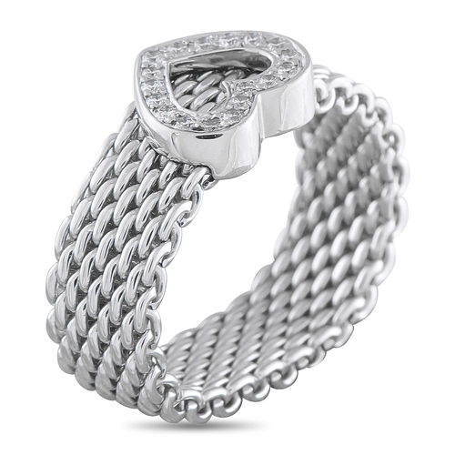 624 - A Tiffany & Co. 18K White Gold Diamond Heart Ring. The mesh band is paired with a heart shaped motif... 