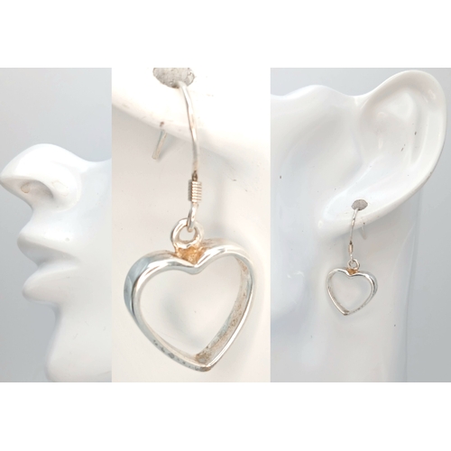 4 - A Beautiful Pair of 925 Sterling Silver Open Heart Drop Earrings - 1.3cm x 1.4cm. Each earring is fo... 