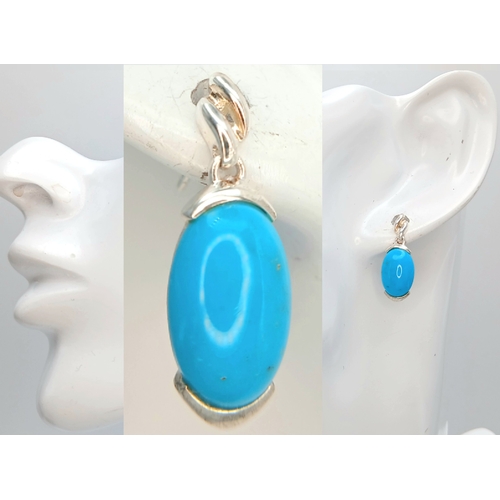 43 - A Pretty Pair of 925 Sterling Silver Turquoise Set Drop Earrings - 2.2cm drop. Each earring is set w... 