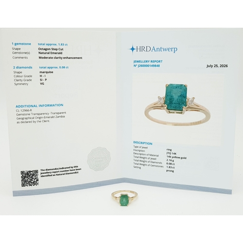 74 - A 14K Yellow Gold Natural Emerald and Diamond Ring. A 1.83ct octagon step cut natural emerald with m... 