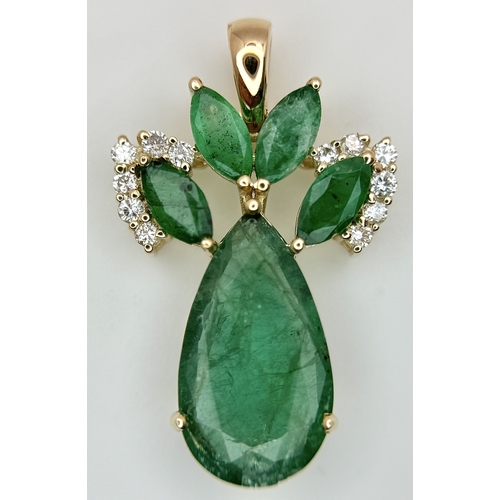 81 - A 14K Yellow Gold Natural Emerald and Diamond Pendant. Five pear and marquise cut natural emeralds t... 
