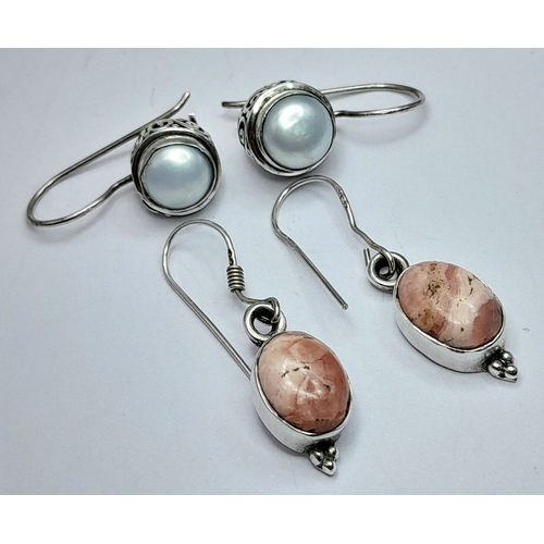 34 - Two vintage Pairs of 925 Sterling Silver Stone Set Drop Earrings. One pair is set with oval pink cab... 