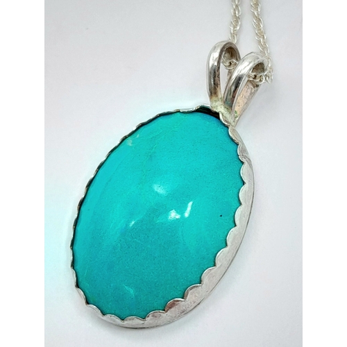 35 - A 925 Sterling Silver turquoise Stone Set Pendant Necklace - 46cm length. The necklace is fitted wit... 