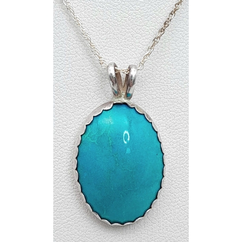 35 - A 925 Sterling Silver turquoise Stone Set Pendant Necklace - 46cm length. The necklace is fitted wit... 
