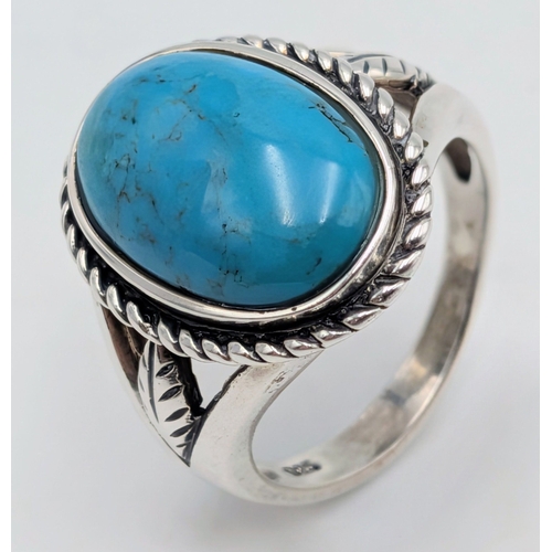 48 - A Pair of 925 Sterling Silver Turquoise Set Dress Rings. One ring is set with five oval turquoise ca... 