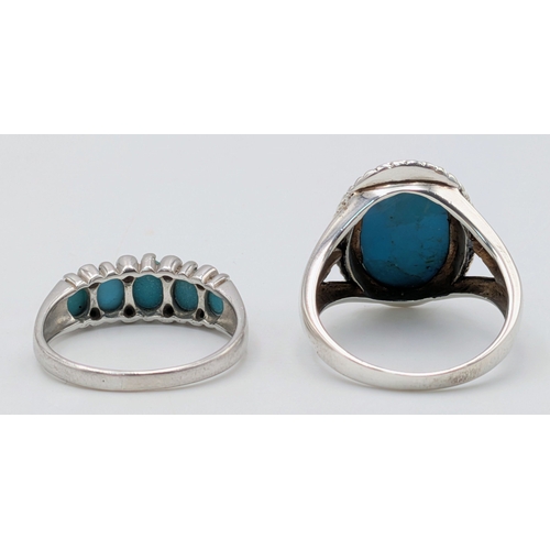 48 - A Pair of 925 Sterling Silver Turquoise Set Dress Rings. One ring is set with five oval turquoise ca... 