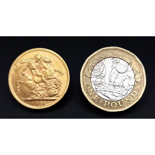 1 - A 1912 George V Full Gold Sovereign Coin. 22K gold. EF.