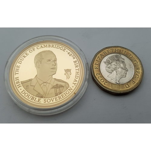 5 - A 2022, PRINCE WILLIAM, 40TH BIRTHDAY, GOLD PROOF, DOUBLE SOVEREIGN COIN. WITH BOX AND PAPERS FROM H... 