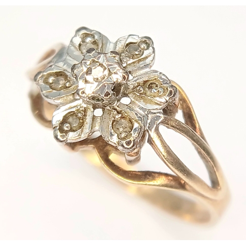 21 - Beautiful Vintage 9 CARAT GOLD RING with DIAMONDS SET IN PLATINUM in Floral Formation. 2.6 Grams. Si... 