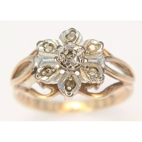21 - Beautiful Vintage 9 CARAT GOLD RING with DIAMONDS SET IN PLATINUM in Floral Formation. 2.6 Grams. Si... 