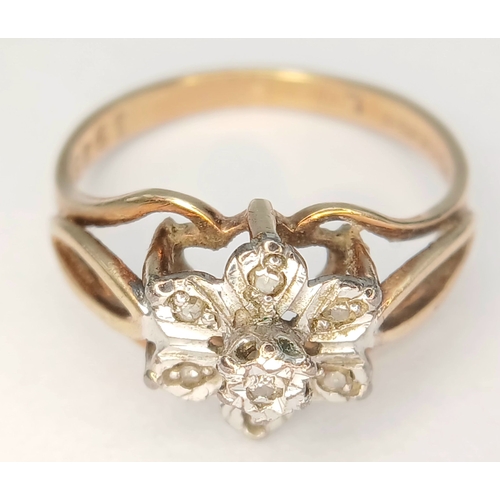 21 - Beautiful Vintage 9 CARAT GOLD RING with DIAMONDS SET IN PLATINUM in Floral Formation. 2.6 Grams. Si... 