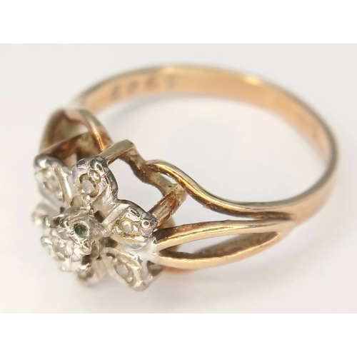 21 - Beautiful Vintage 9 CARAT GOLD RING with DIAMONDS SET IN PLATINUM in Floral Formation. 2.6 Grams. Si... 