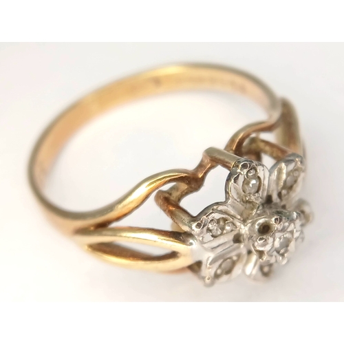 21 - Beautiful Vintage 9 CARAT GOLD RING with DIAMONDS SET IN PLATINUM in Floral Formation. 2.6 Grams. Si... 